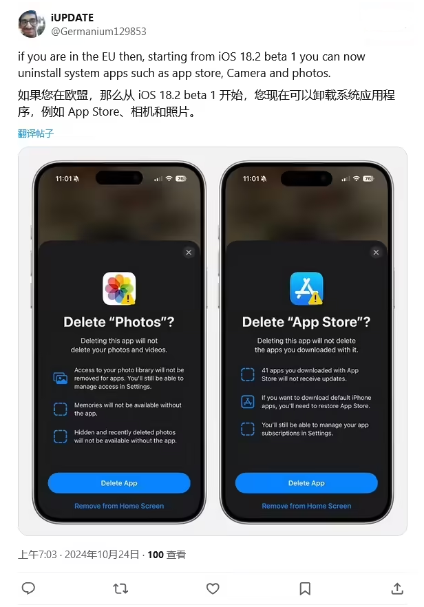 长坡镇苹果手机维修分享iOS 18.2 支持删除 App Store 应用商店 