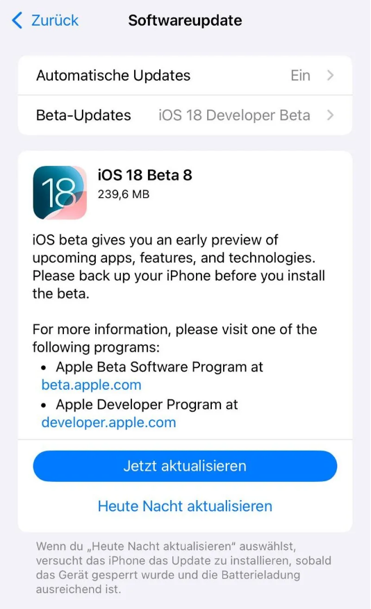 长坡镇苹果手机维修分享苹果 iOS / iPadOS 18 开发者预览版 Beta 8 发布 